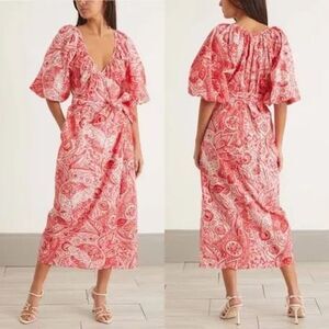 Mara Hoffman Red Floral Adonia Paisley Printed Puff Sleeve Wrap Midi Dress XS